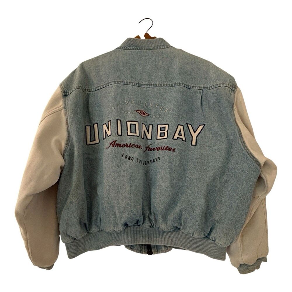 VTG Unionbay Denim Varsity Jacket Bomber Plaid Lined Embroidered Men’s Med. 90s